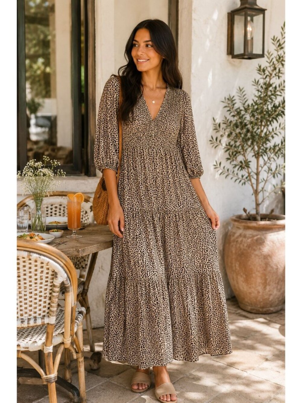 A New Day NWT Women’s Leopard Print Smocked Maxi Dress Size S Brunch Resort Vac